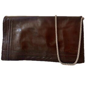 Brown Leather Clutch Purse Concealed Silver Chain Shoulder Strap VTG 80s EUC